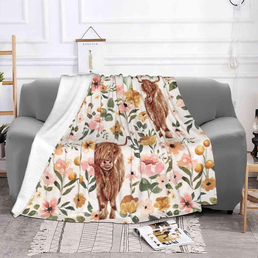 Highland Cow Boho Floral Soft Warm Light Thin Blanket Highland Cow Boho Floral Vintage Floral Watercolor Cow Watercolor Floral