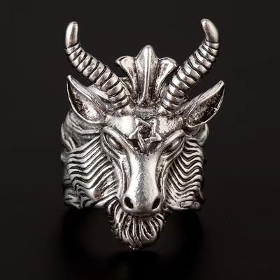 Bague Pentagramme Tête d'Animal pour Hommes Rétro Dominatrice Tendance Punk Taille Réglable