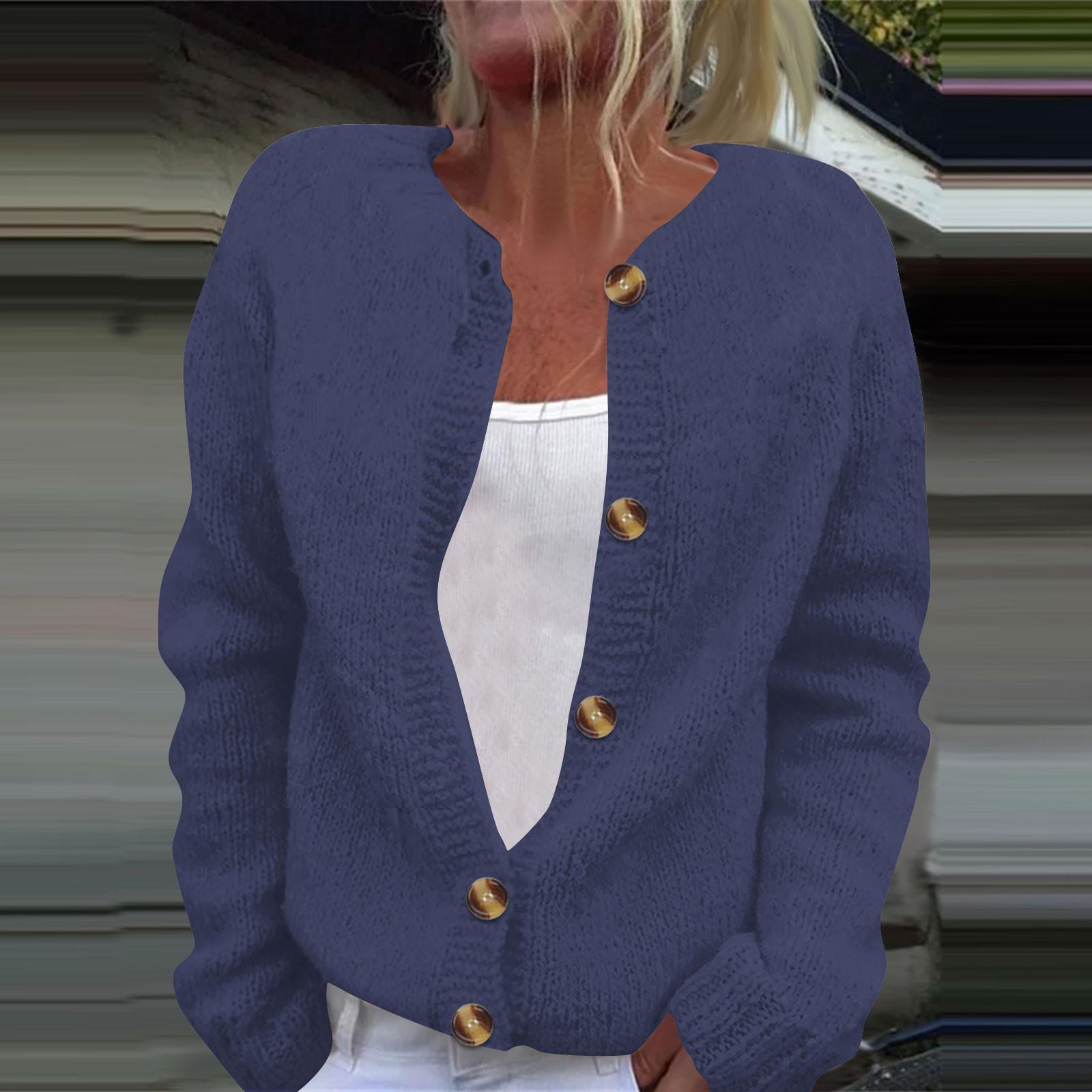 

Женская мода однотонный длинный рукав вязаный кардиган куртка на пуговицах XXL тёмно-синий