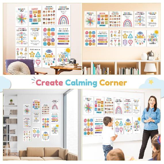 Pasimy 12 Pcs Calming Corner Classroom Posters Boho Feelings Wheel Charts Emotions Poster for Kids Calm Corner Mental Health Wall Decorations for