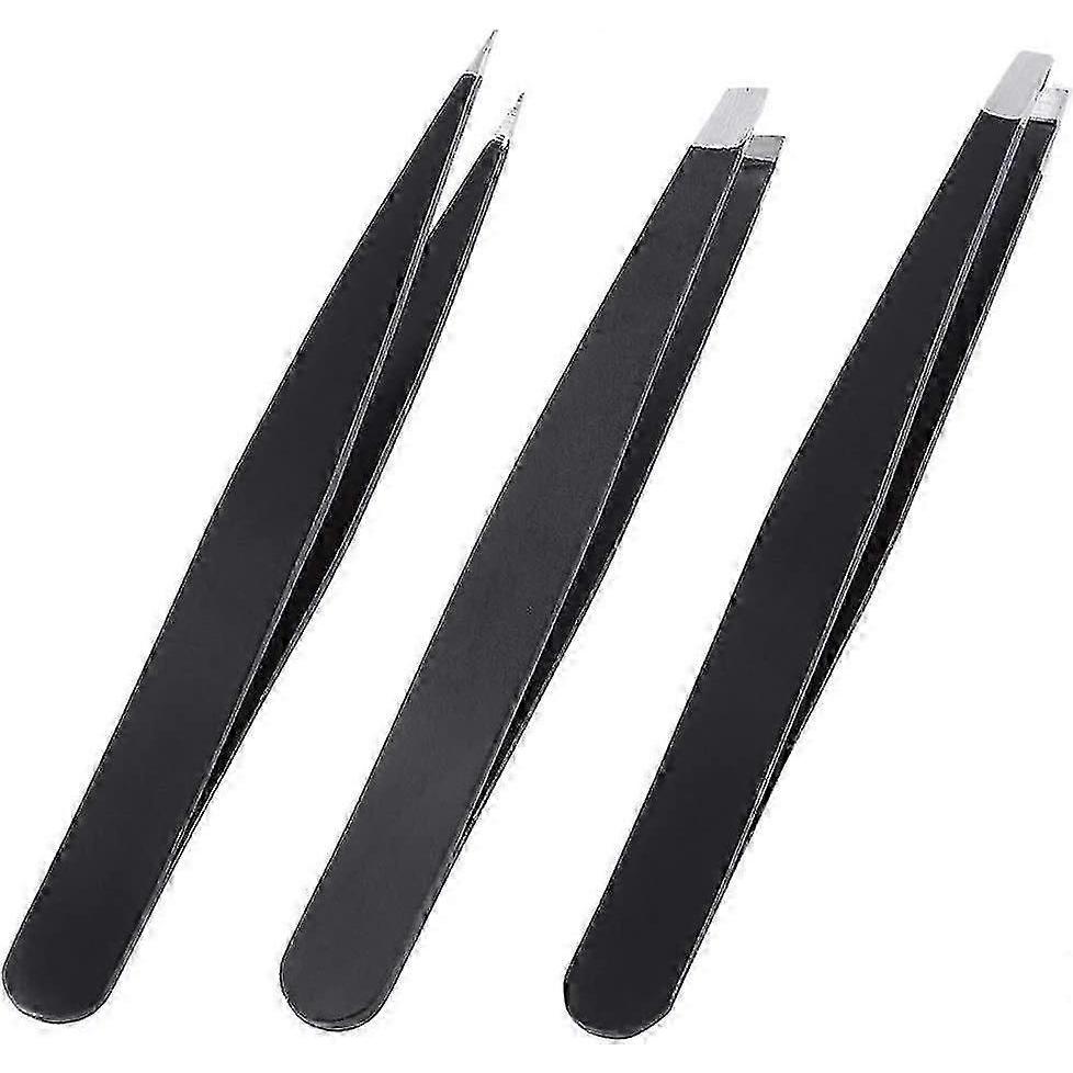 Professional Eyebrow Tweezers Set, 3 Pieces Stainless Steel Precision Tweezers for Plucking Eyebrows (Black)