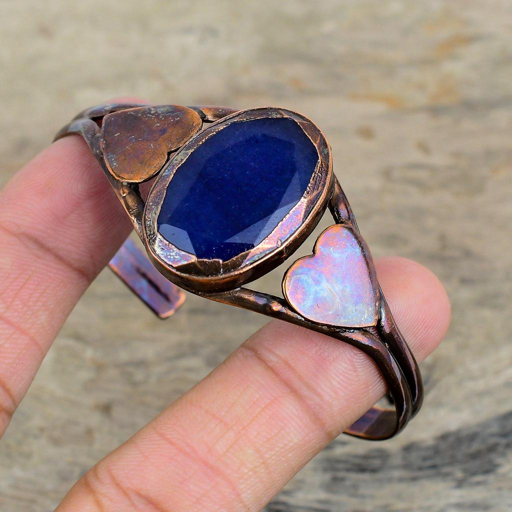 Facettierter blauer Saphir Armreif Edelstein Manschettenarmband Elektrogeformter Kupferarmreif Handgefertigt Verstellbarer Armreif Kupferschmuck Jubiläumsgeschenke