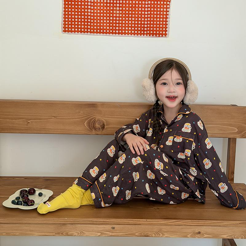 Soft 100 Percent Cotton Cute Cartoon Girls Long Sleeve Pajama Home Wear Set