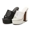 Mode 14cm High Heels, Große Größe 35-46 Mesh Spitze Sexy Sandalen für Damen Sommer Plateau Sandale Mode Glänzendes Leder Komfort Pantoletten