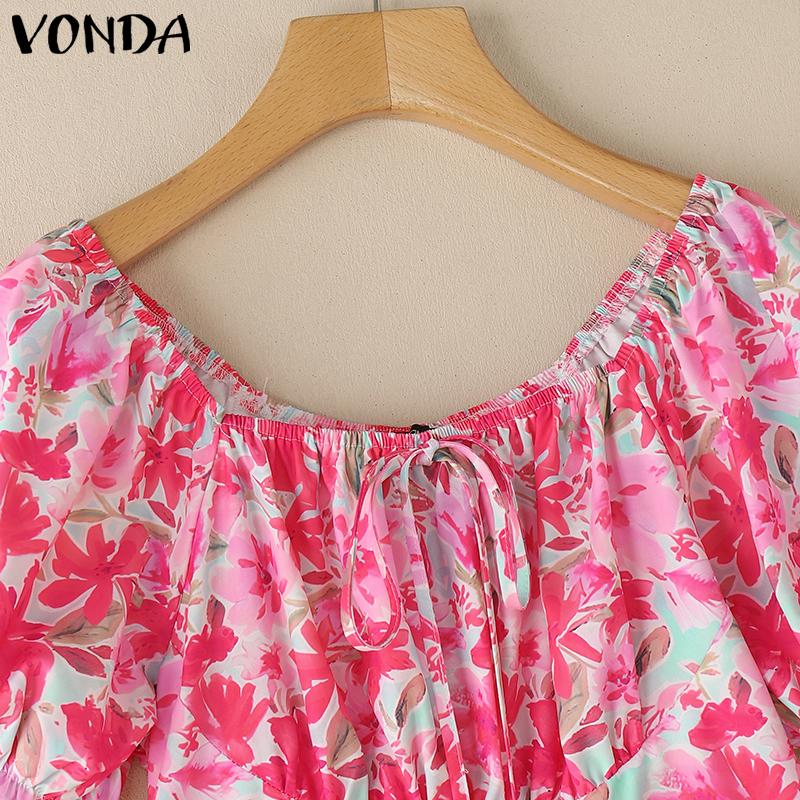 VONDA Vestido Mini Casual con Volantes para Vacaciones con Estampado Floral y Manga Corta Descubierta para Mujer