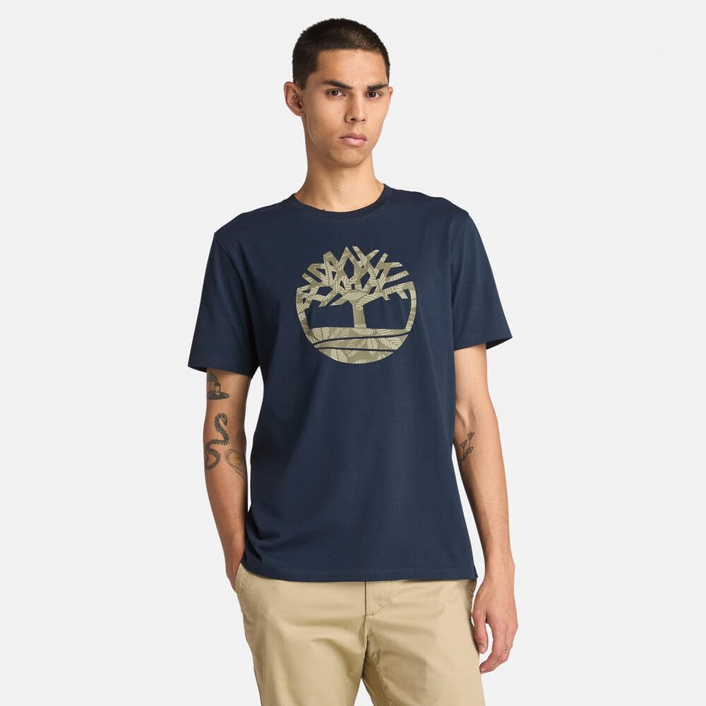 Timberland Men's Short Sleeve Floral Tree Logo T-Shirt, Dark Sapphire, XS (TB0A6B4G4331)