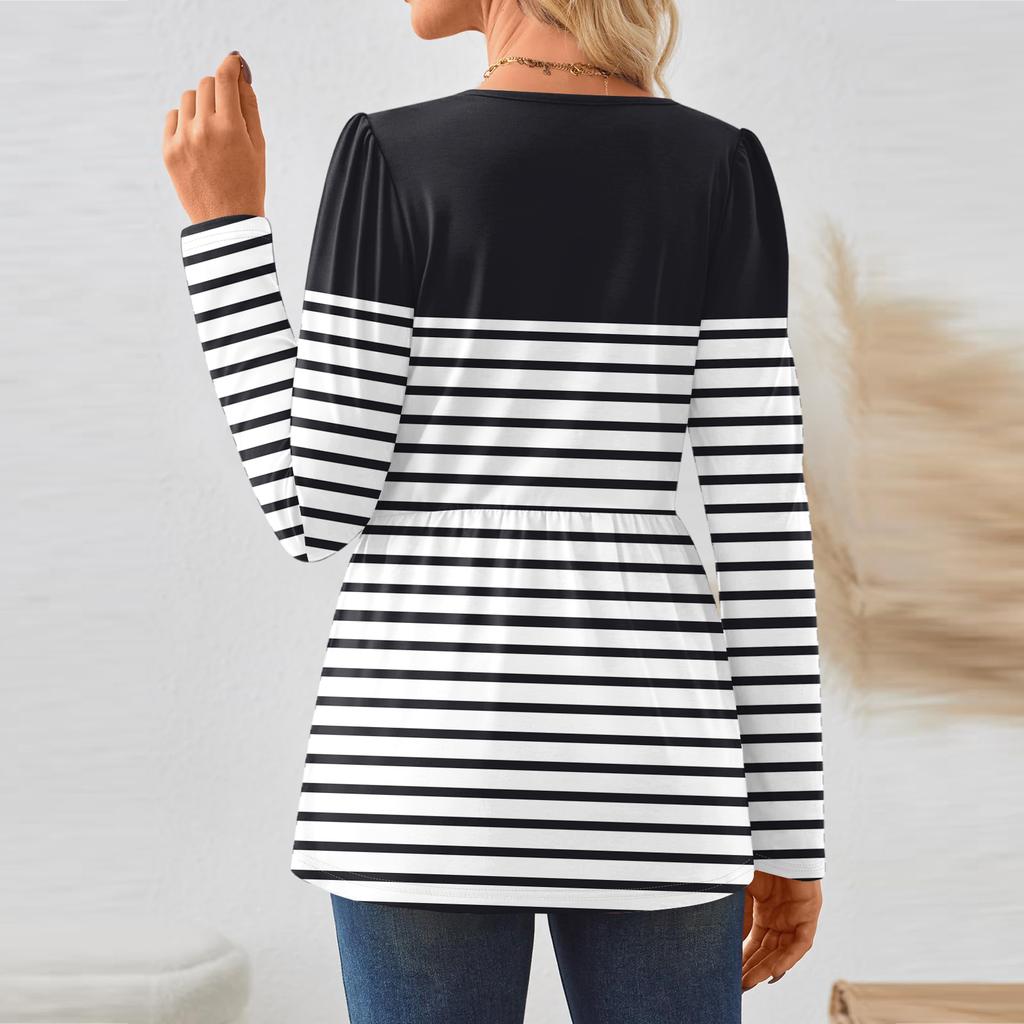 Women's Casual Fashion Long Sleeve Shirt Striped Tunic Top