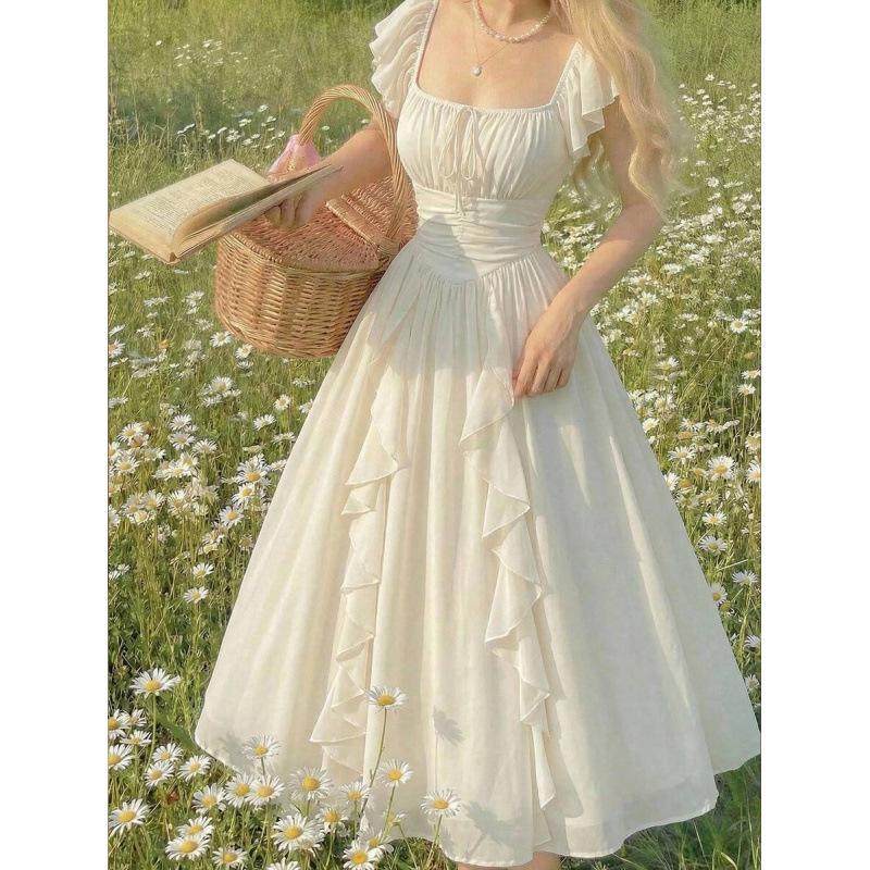 European and American ruffled long dress for women, 2026 summer new pleated waist-cinching slimming dress XS абрикосовый