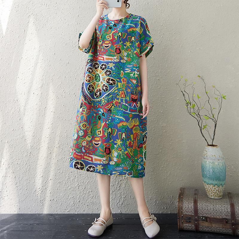 DIMANAF New 2025 Plus Size Summer Dress Printing Women Basic Casual Short Sleeve Dress Loose Long Dress