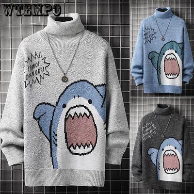 Suéteres de cuello alto para hombre Suéter de tiburón para hombre Invierno Patchwork Estilo coreano Harajuku Cuello alto Oversize Gris Cuello alto para hombre