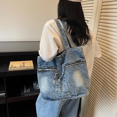 Vintage American Denim Canvas Bag Women's Large Capacity Shoulder Bag Casual Student Commuting To Class Versatile Tote Bag