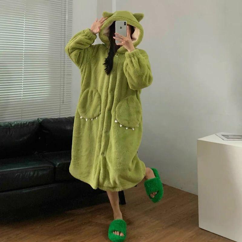 Cozy Hooded Velvet Nightgown with Big Eyes Design - Women's 2024 Winter Coral Fleece Loose-Fit Pajamas for Couples