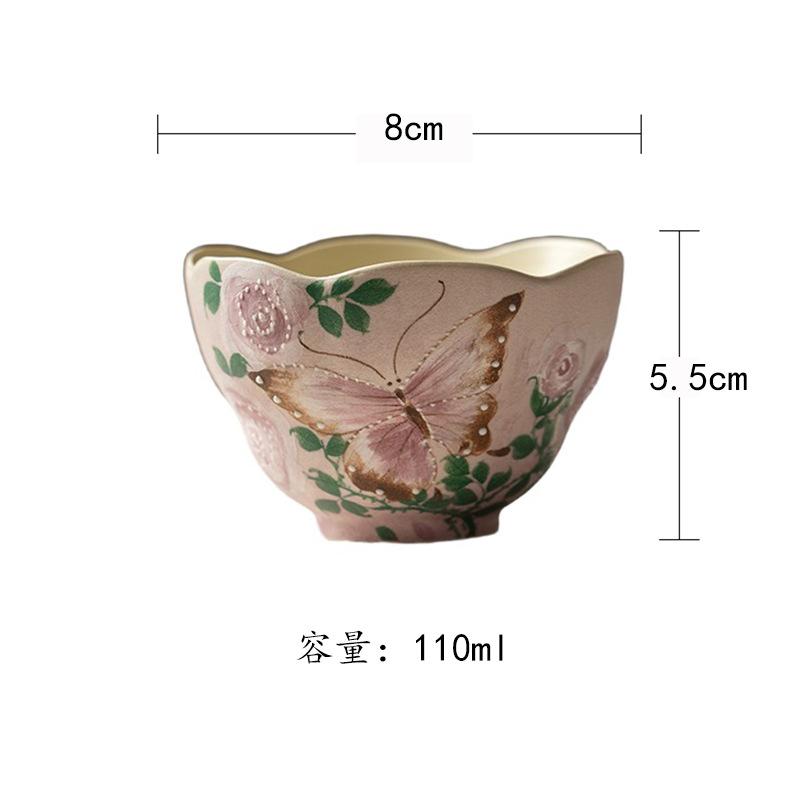 

110ml Hand-painted Butterfly Rose Teacup Antique Tea Bowl Cute Cup Tea-tasting Personal Cup Chazhan Master Cups Tea Items Craft As Your Choose