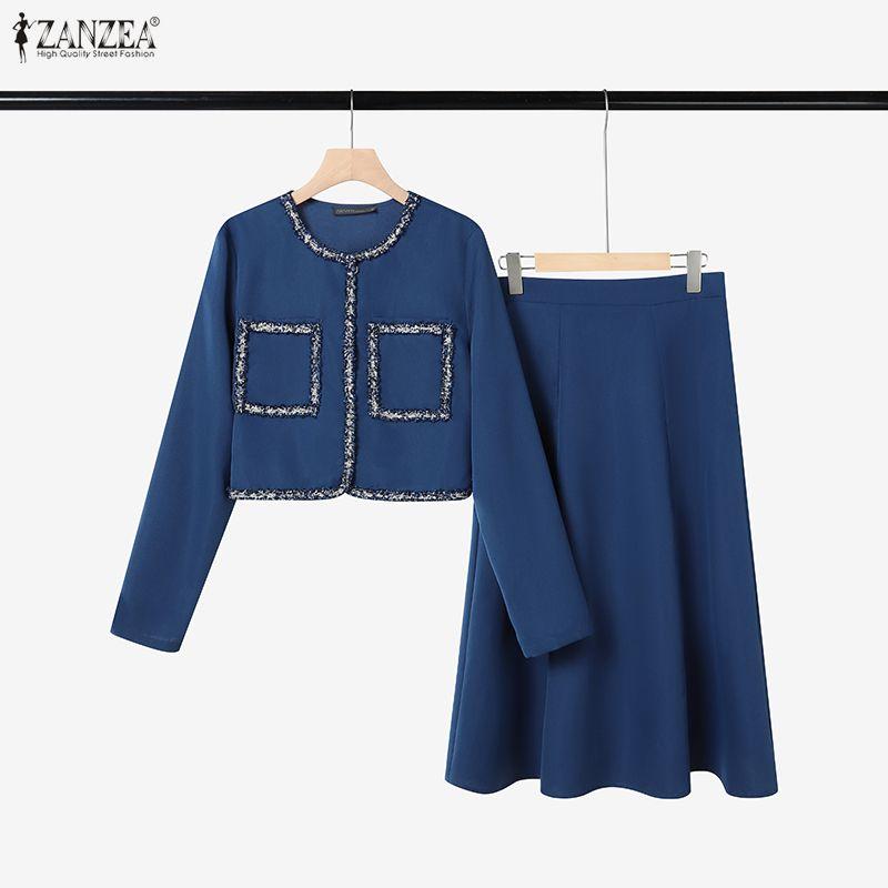 ZANZEA Women Casual Long Sleeve Blouse and Long Skirts Elegant Two Piece Suit Sets