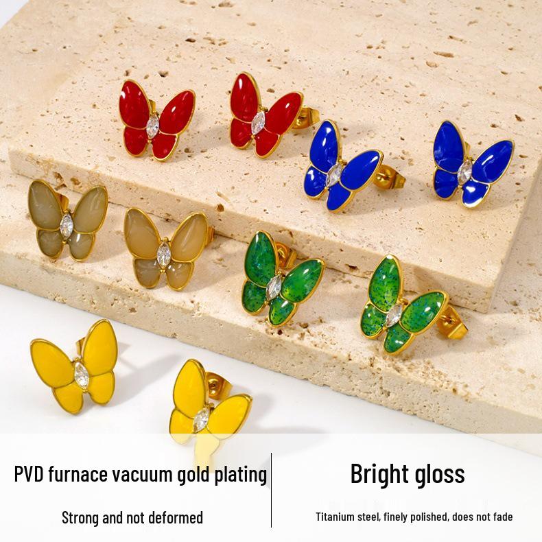 Enamel Drip Butterfly Stud Earrings for Women, Fashionable High-End Stainless Steel PVD Gold, Versatile Retro Design.