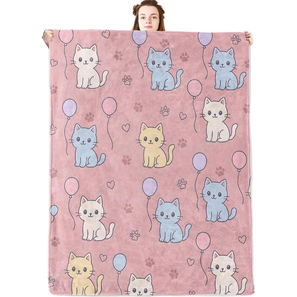 Cute Cat Flannel Blanket with Balloons, Hearts & Paw Prints - Soft Pink & Pastel Colors, Lightweight All-Season Cozy 75X95CM