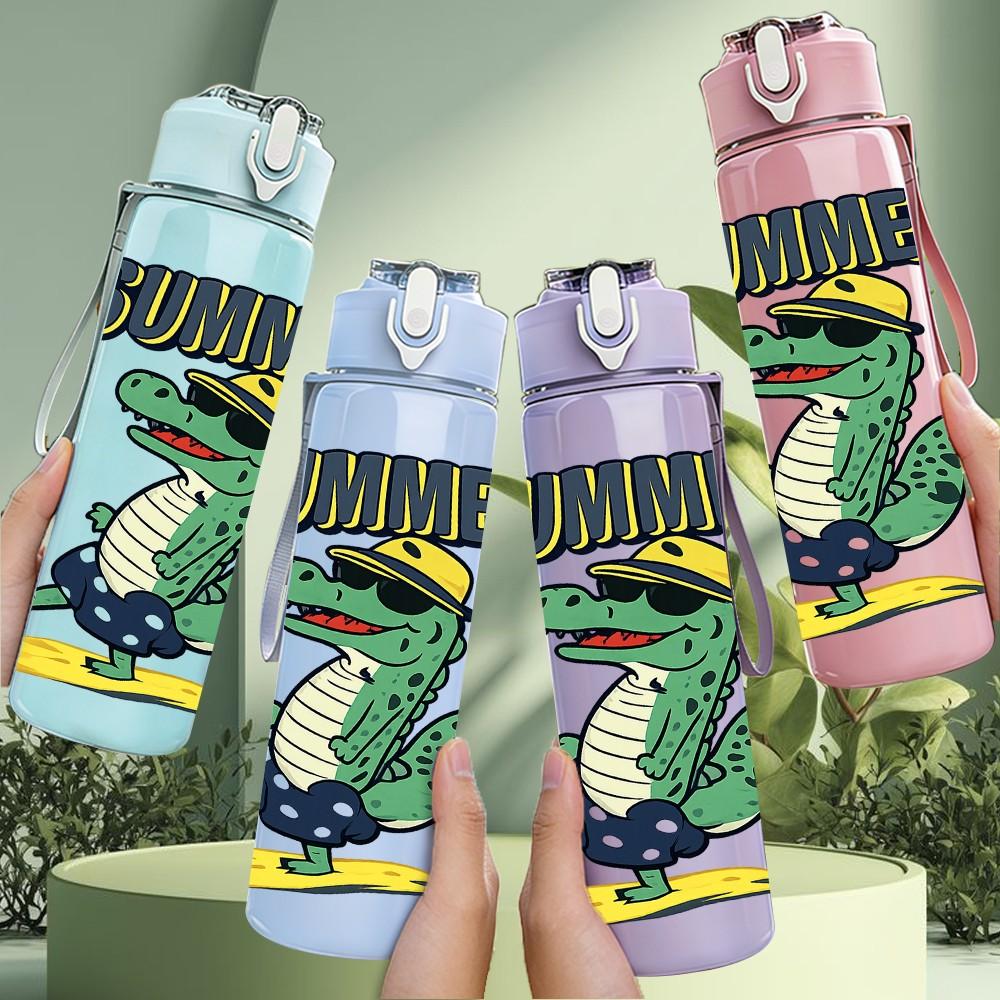 1PC Surfing Dinosaur Cartoon 750ml Color Plastic Sports Water Bottle Leakproof Flip Straw Lid Suitable for Sports Office Home Use