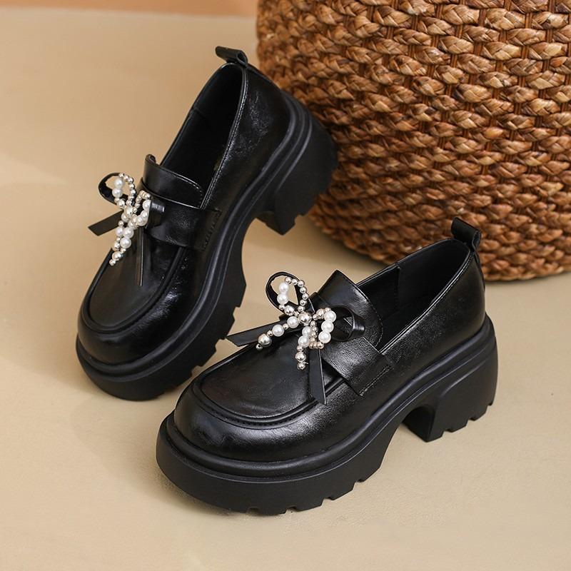Pearl bow platform women's new autumn black small leather shoes retro single shoes