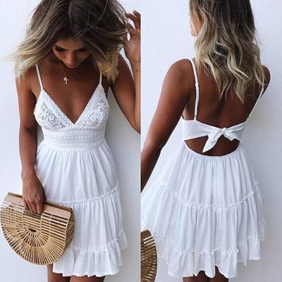 Sexy Lace Backless Spaghetti Strap Dress Women Summer Sleeveless V Neck Dresses Woman Solid Loose A Line Beach Dress Female