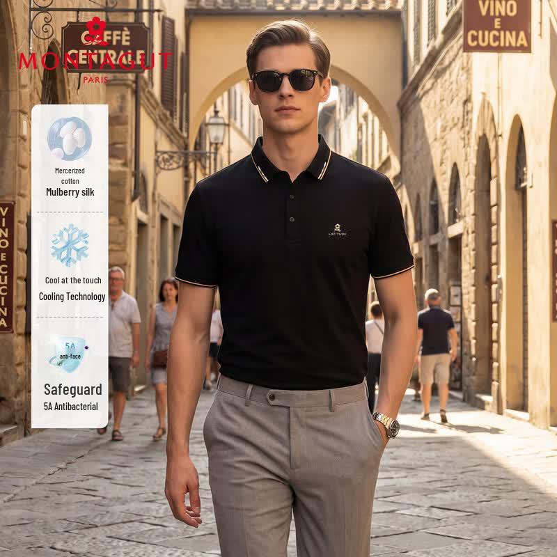 MONTAGUT Men's Silk Blend Business Embroidered Polo Shirt
