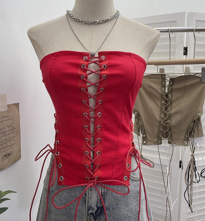 Cross-Border Hollow Lace-Up Bandeau Tank Top with Anti-Slip Strips and Waist Tie 8137