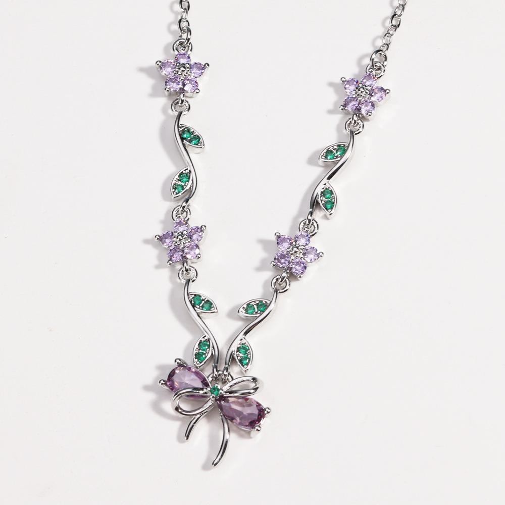 Flower Bow Necklace Pendant Shiny Pendant Chain Delicate Bowknot Rhinestone Necklace  Holiday