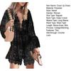 Sommer durchsichtiges Spitzen-Häkel-Mini-Bikini-Cover-Up-Kleid, tiefer V-Ausschnitt, lange Ärmel, hohe Taille, lockerer Saum, Strandkleid