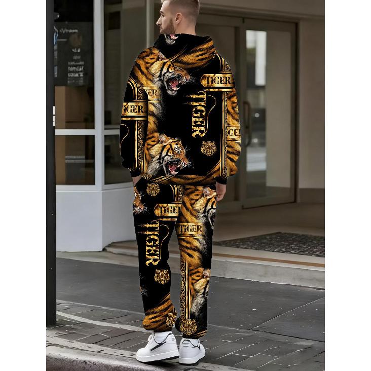Fashion Casual Autumn Winter Men'S Suit? Fierce Tiger 3D Print Long Sleeve Hooded Sweatshirt And Pants? Two-Piece Set? Streetwear & Majestic Style?