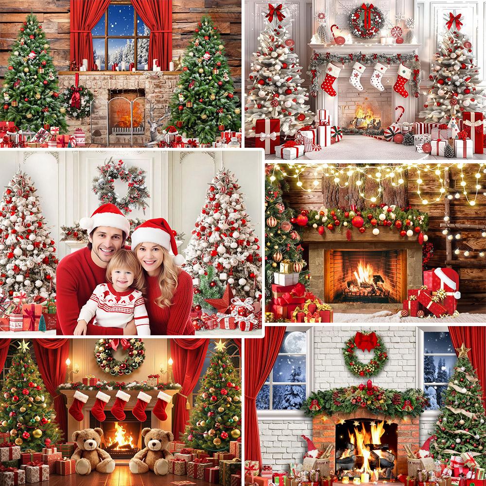 Weihnachtsbaum Kamin Fotografie Hintergrund Vinyl Kulissen für Kinder Baby Familie Party Fotoshooting Fotostudio