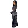 Women Fashion Sets Evening Dress Sexy Clubwear Black Long Sleeve Rhinestone T-Shirt and Skirt 2 Pcs Sets S-2XL
