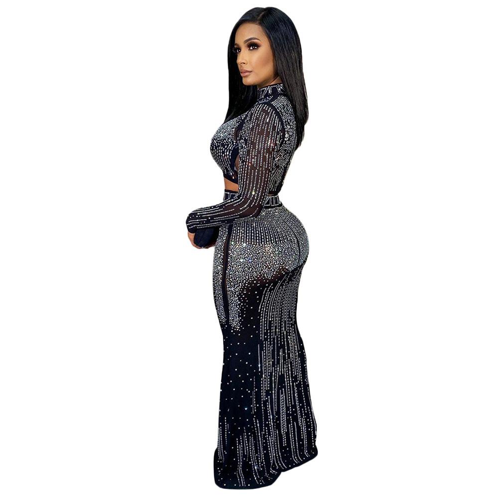 Women Fashion Sets Evening Dress Sexy Clubwear Black Long Sleeve Rhinestone T-Shirt and Skirt 2 Pcs Sets S-2XL