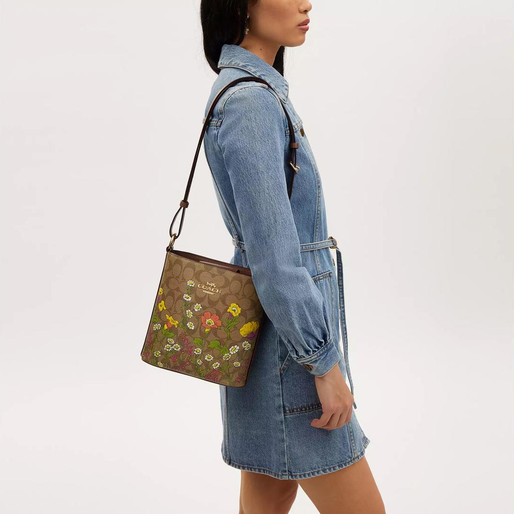 Coach Khaki Signature Canvas Bucket Bag with Floral Print & Gold Hardware for Daily Use