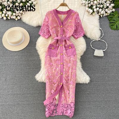 Été Tempérament Professionnel pour Femmes Manches Courtes Col Simple Boutonnage Dentelle Robe Hanches
