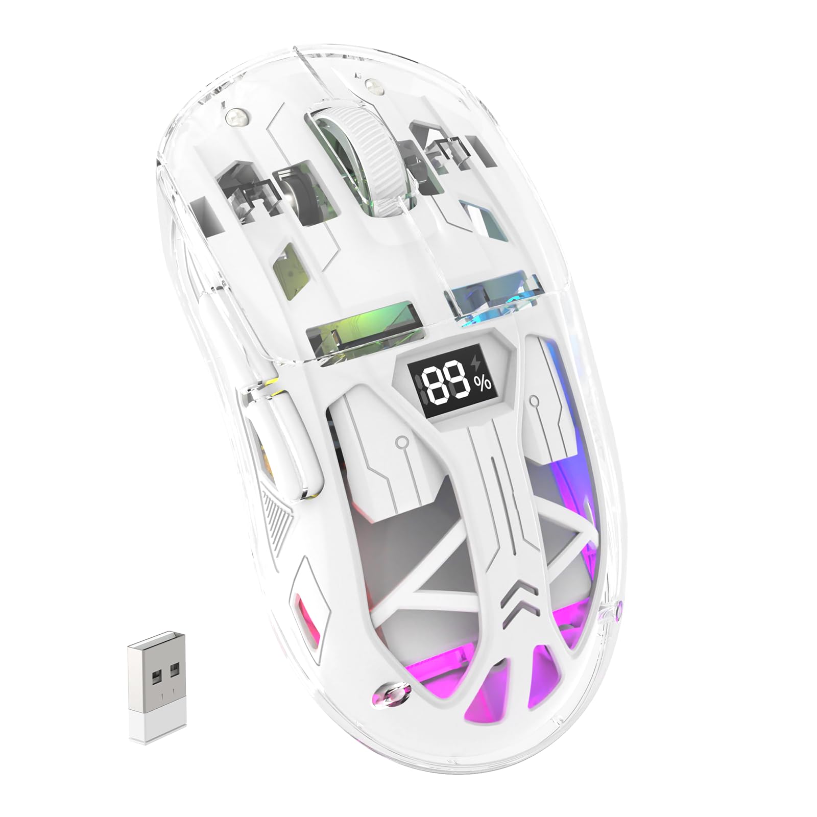 

FREEWOLF Gaming Mouse A2 Transparent RGB White, 2.4GBT Connection, Wireless Gaming Mouse with Transparent Case, Lightweight, 800-4000 DPI, Ergonomic,