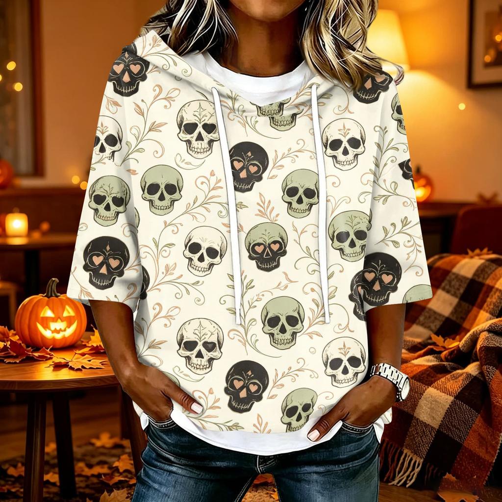 Women's Halloween Printed Hooded 3/4 Sleeve Casual Loose Fit Pullover