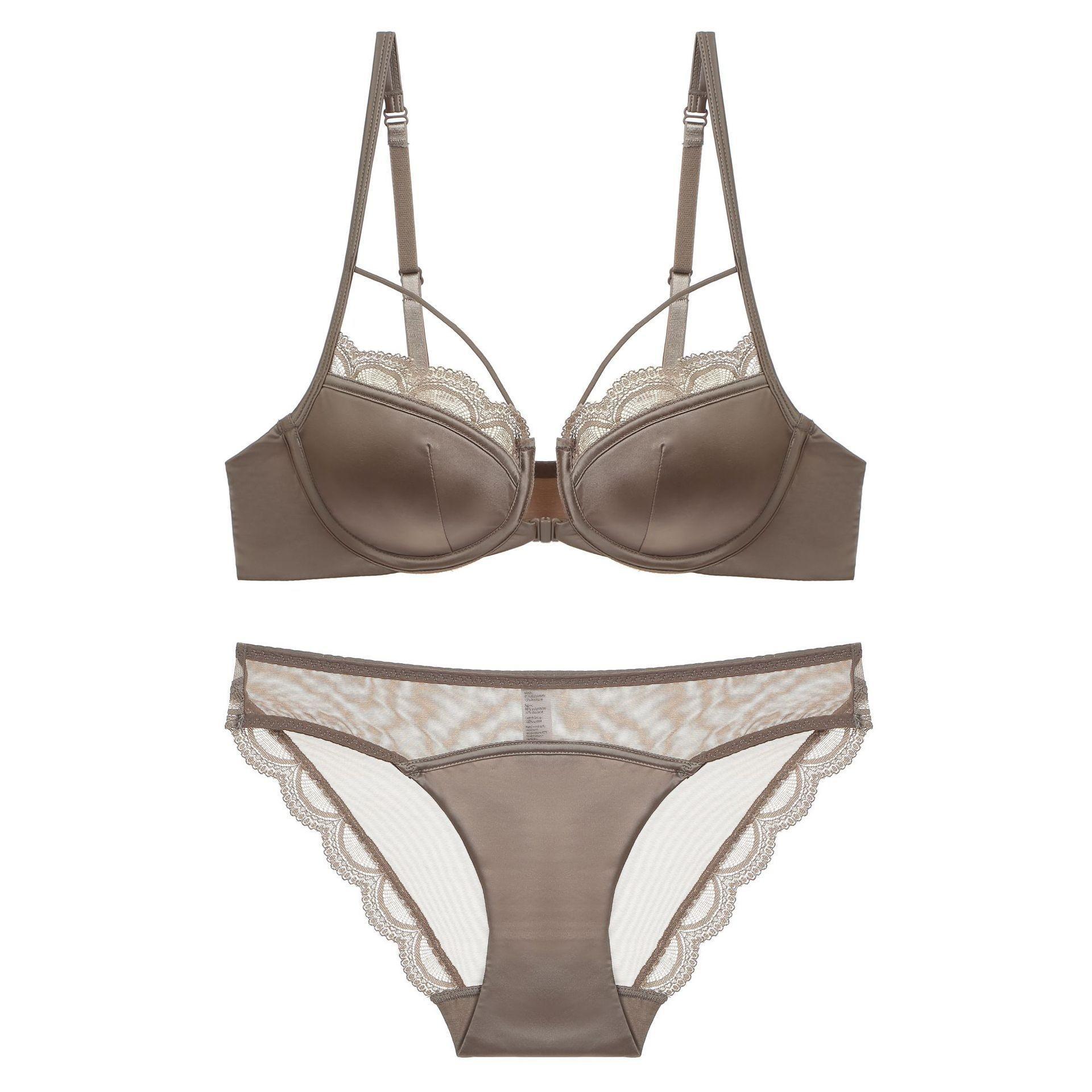 

Летнее сексуальное нижнее белье Французское тонкое глянцевое с передней застежкой Красивое нижнее белье для спины Большой бюст Маленький бюст Антипровисающий кружевной бюстгальтер-ковер 85C кофейный