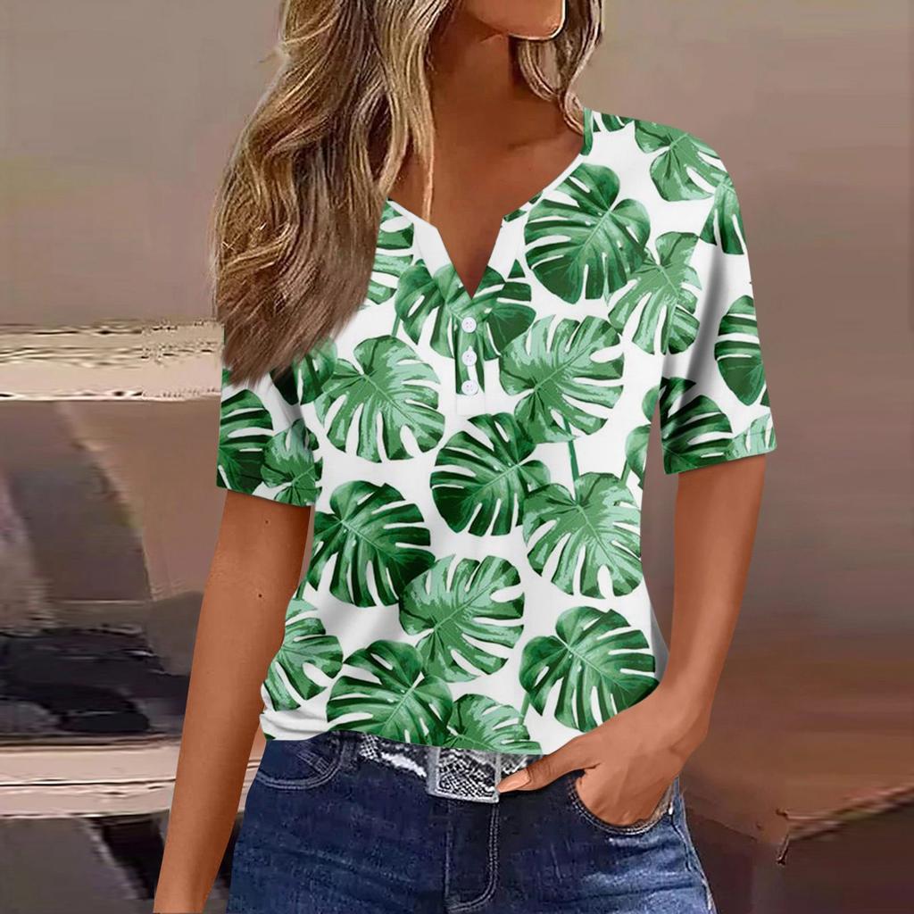 Dámské tričko Tričko Potisk knoflíku Krátký rukáv Denní víkend Móda Basic Top s výstřihem do V