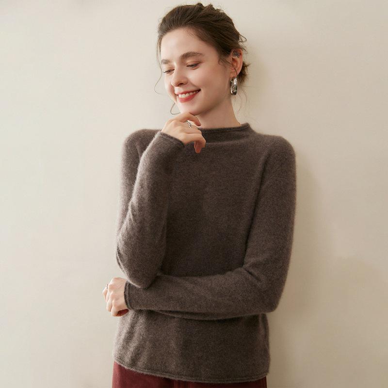 Women's Pure Cashmere Half-High Neck Sweater, Solid Color, Loose Long Sleeves, Autumn/Winter Collection.