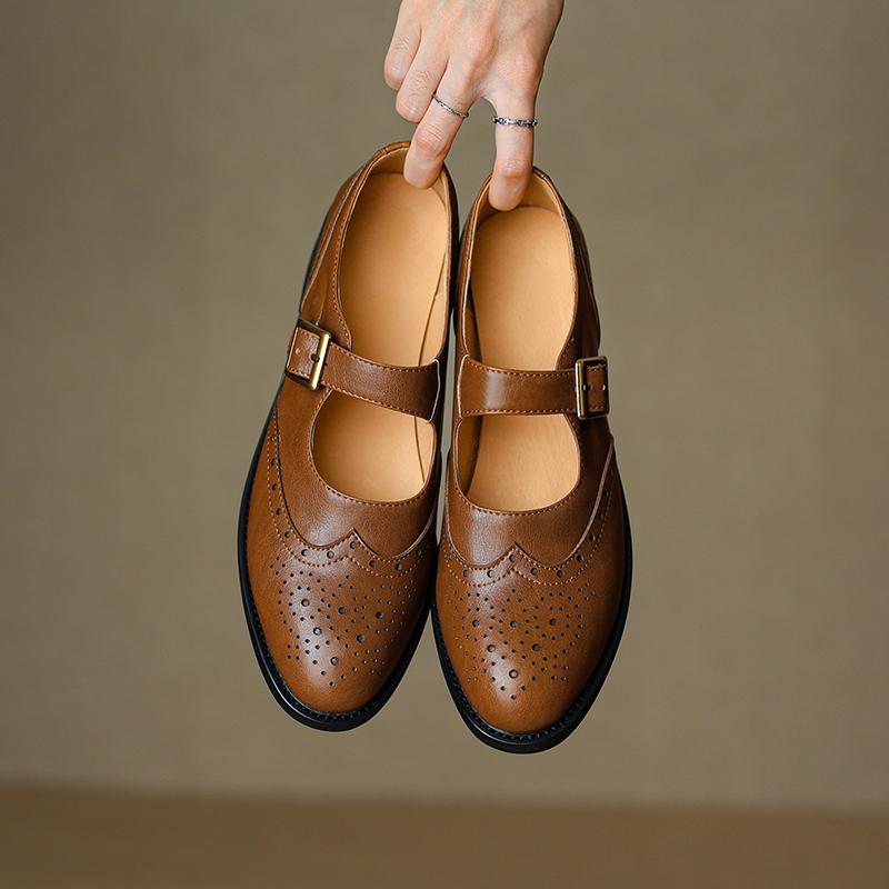 Autumn Women Pumps Natural Leather Plus Cowhide Pigskin Full Leather Mary Jane Shoes Block Carving