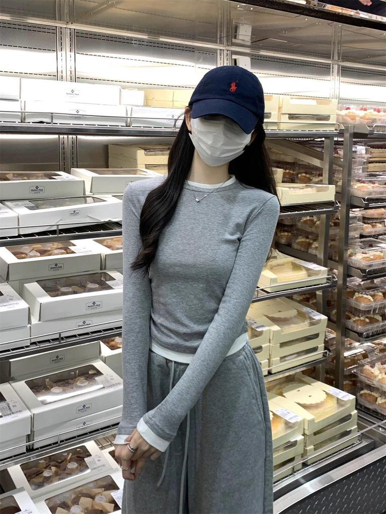 Women's Retro Spliced Pleated Two-Piece Long-Sleeve T-Shirt