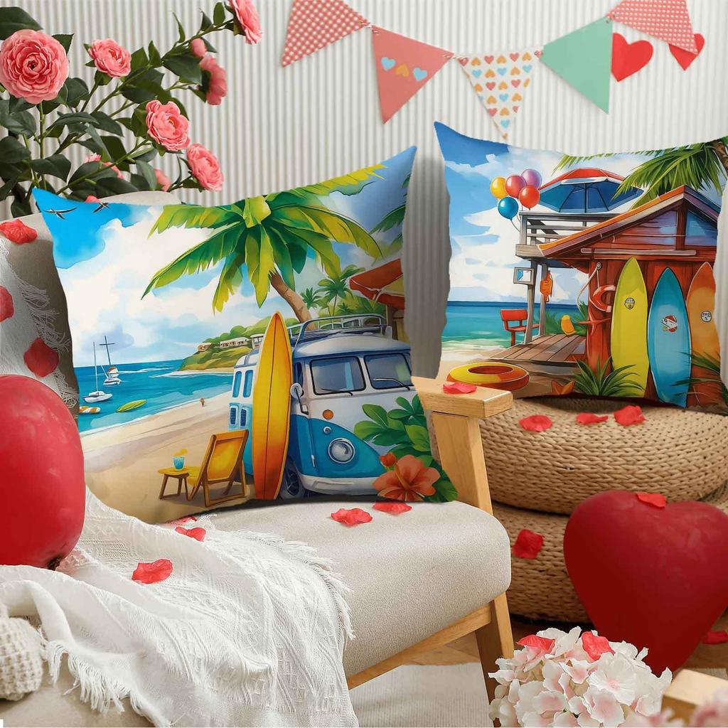 Federa Cuscino Stampa Motivo Spiaggia Palma Tropicale Peluche Corto Adatta per Soggiorni Camere da Letto Divani Cuscino Decorativo