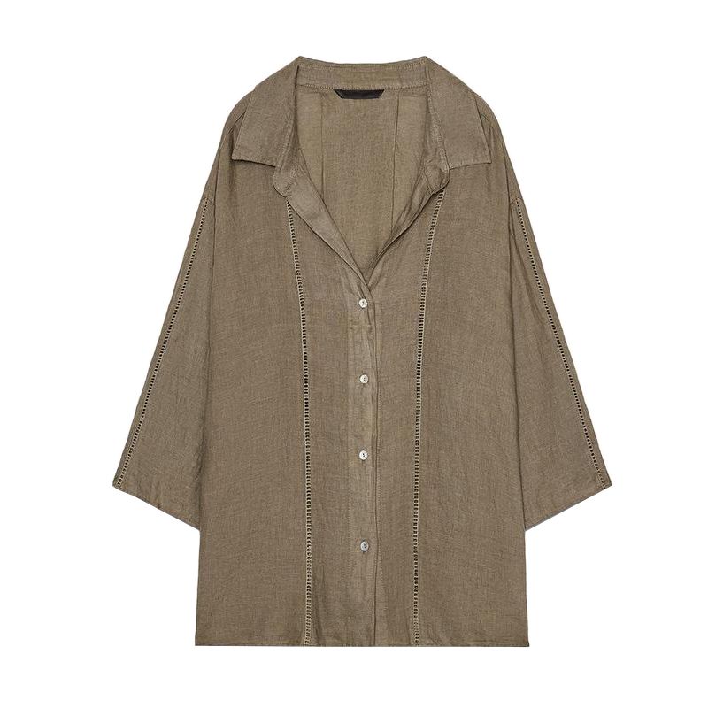 Idle Style Simple Lapel Casual Shirt 4043058 Linen Blended Mid Waist Wide Leg Pants 4043059