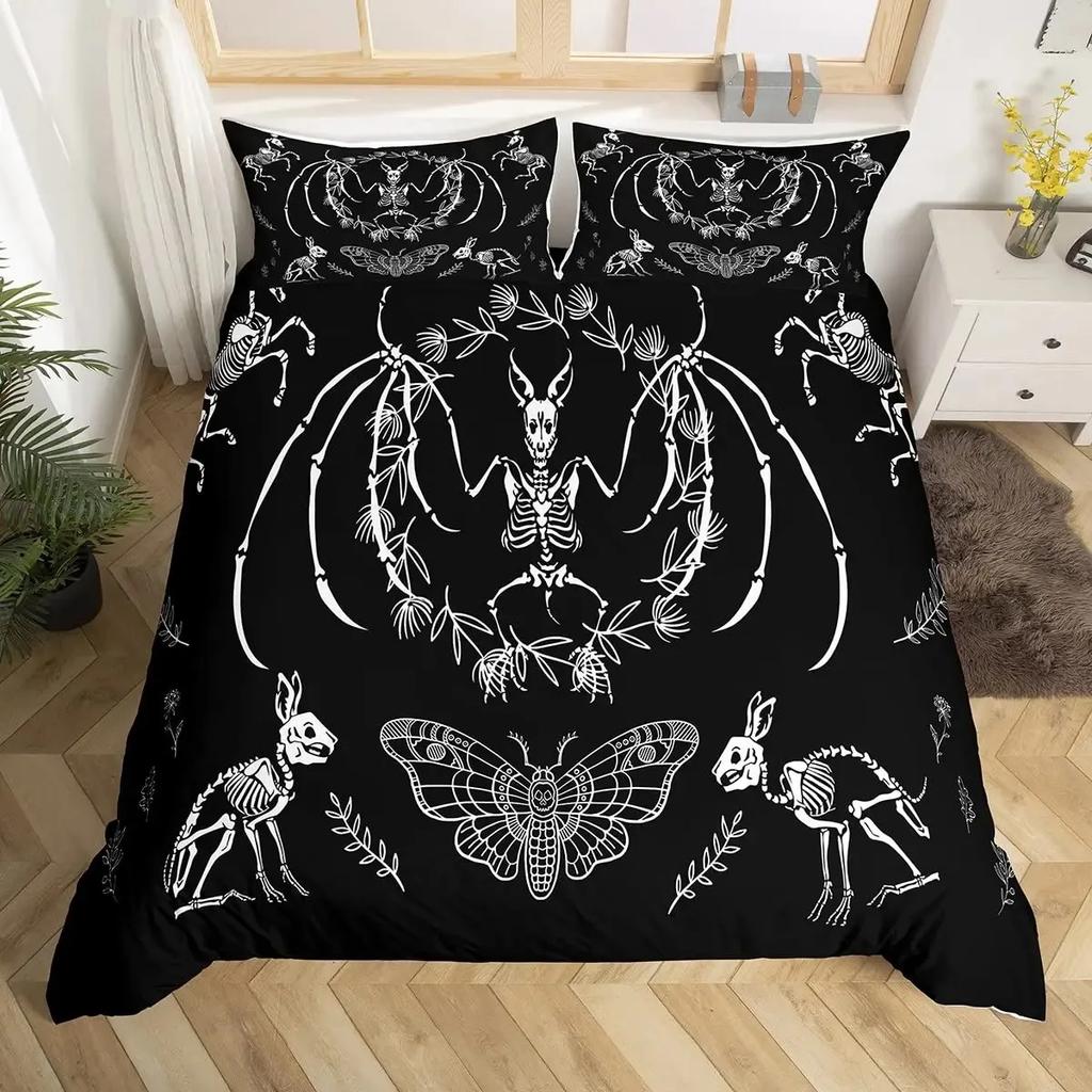 Katzenknochen-Bettwäscheset Full QueenHalloween Gothic Totenkopf Bettwäscheset SchwarzWeiß Galaxie Bettdeckenbezug Steppdeckenbezug