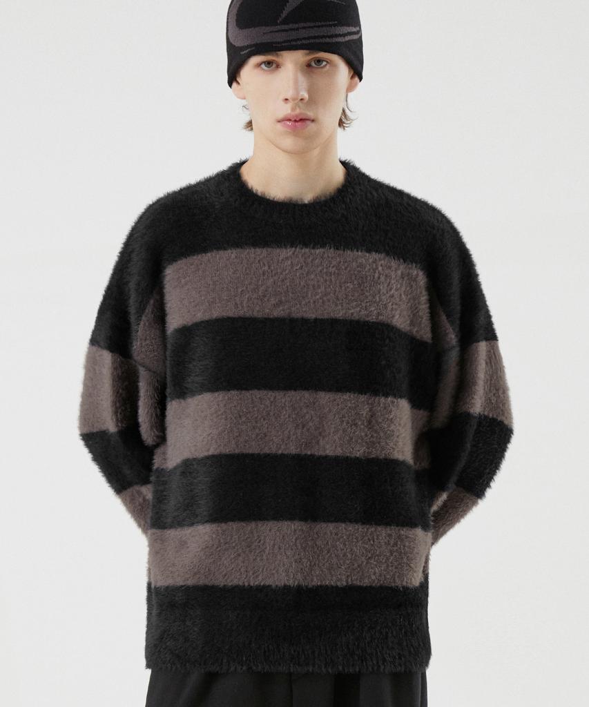 TRILLION Hairy Brush Stripe Crew Neck Knit (Ash Gray)