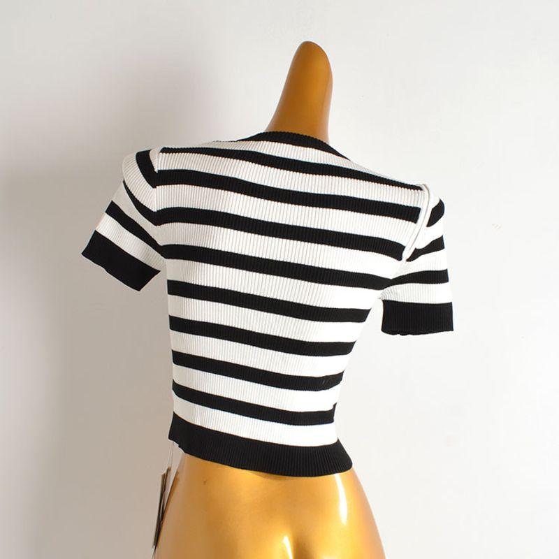 Summer New Arrival Contrast Color Stripes Zipped round Neck Short Sleeve T-shirt Women's Clothing Silm Slimming Sweater Tops Fashion