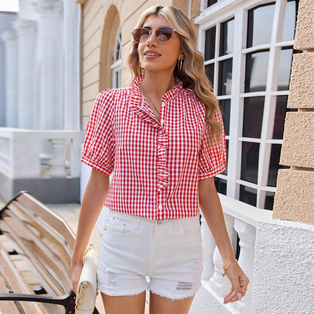 Camisa informal a cuadros de manga corta holgada con botones para mujer