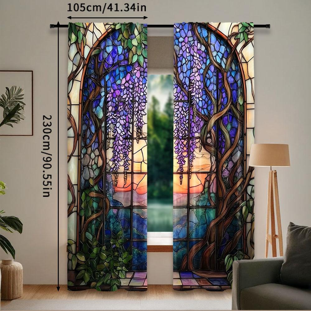 Set Of 2 Vibrant Stained Glass Wisteria Flower Printed Curtains Beautiful Home Decor Bedroom Bathroom Living Room Dining Curtain For Area Made