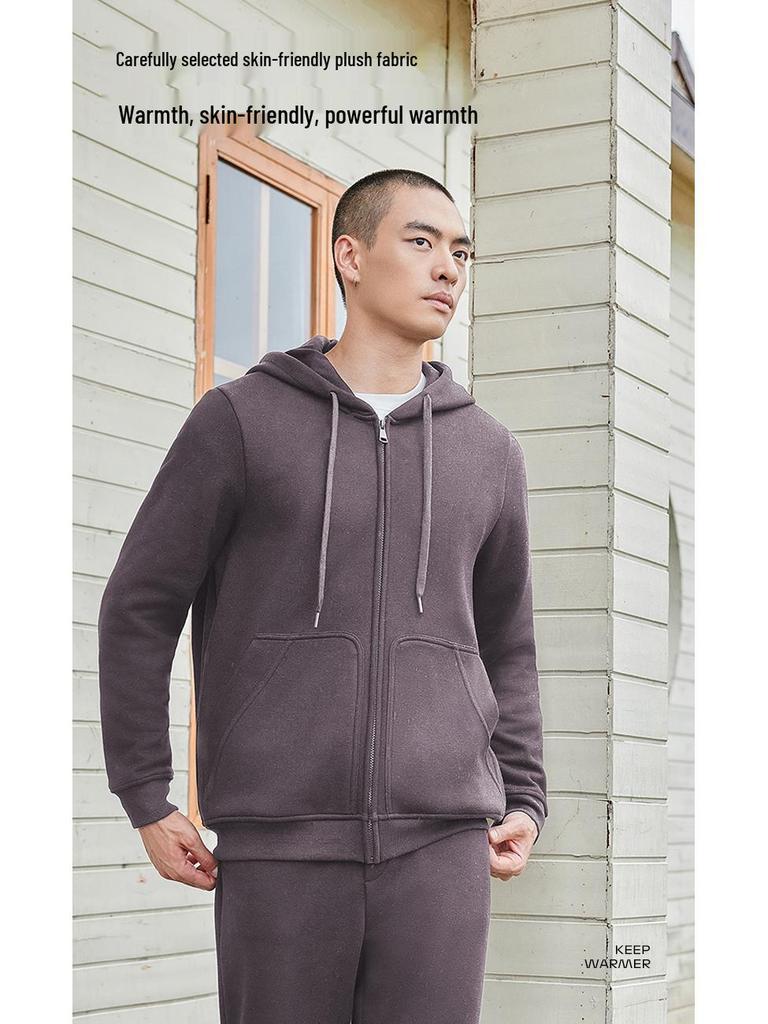 Men's Casual Solid Color Fleece Lined Hooded Sweatshirt - Warm, Versatile Loose Fit with Drawstring and Zipper.
