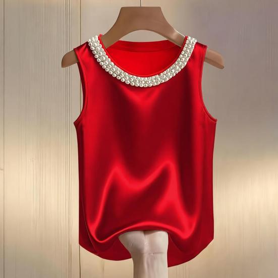 Damska kamizelka jedwabna satynowa bez rękawów z kołnierzem z sztucznych pereł luźny krój letnie topy formalne półformalne
