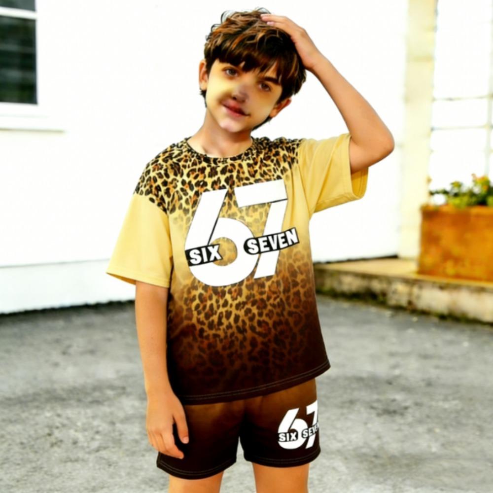 Fashion 67 Leopard Colorful Gradient Printed Kids T-shirt and Shorts 2 Piece Set Summer Casual Outfit for Boy's and Girl's Kids Clothing Top